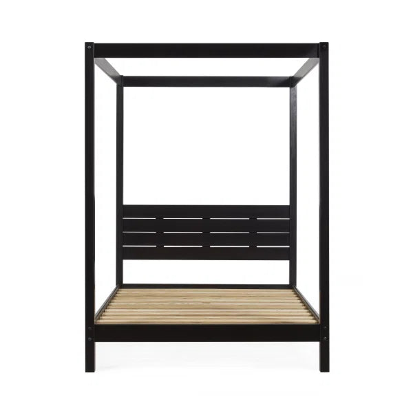 Roxanne black canopy bed with tall open four-poster frame in a modern bedroom setting