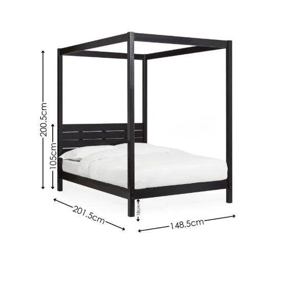 Roxanne black canopy bed with tall open four-poster frame in a modern bedroom setting