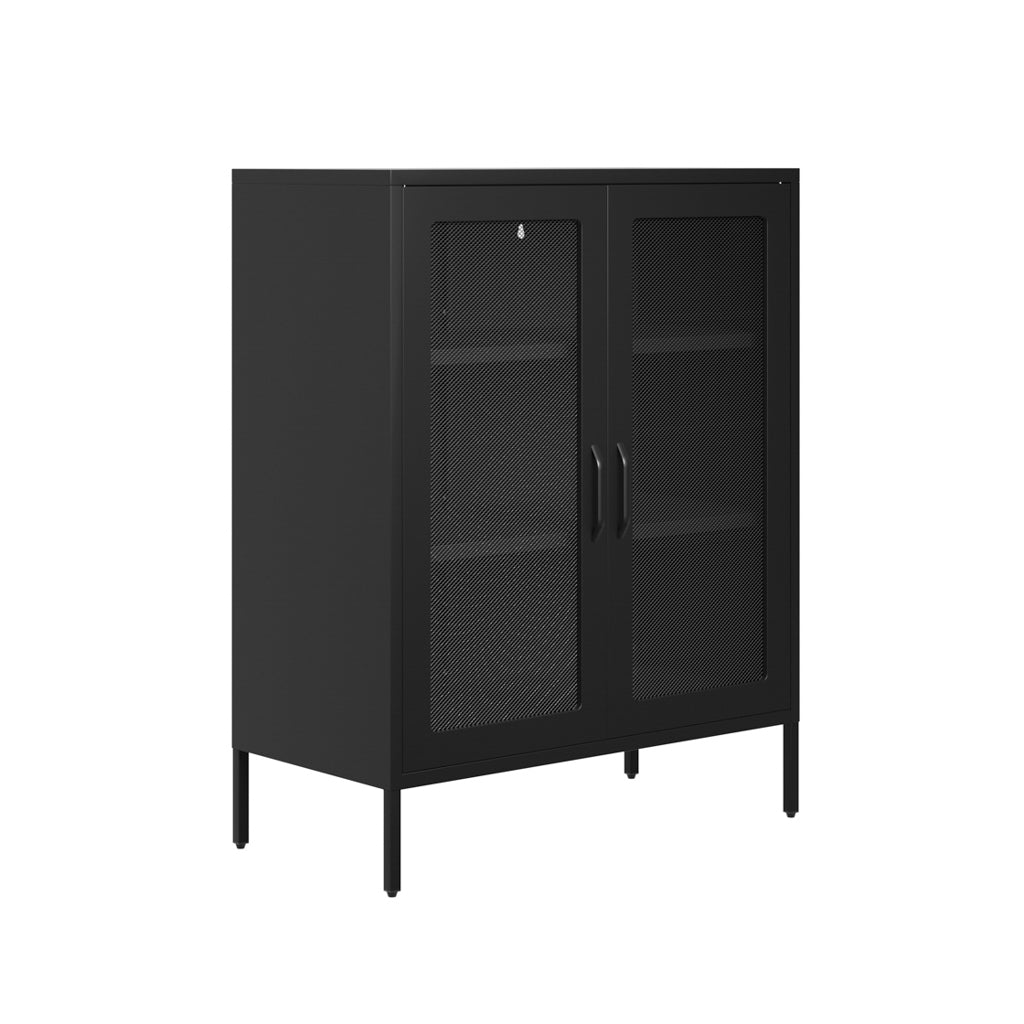 LPD Furniture Reuben matte black steel cabinet with mesh door panels in a modern interior setting