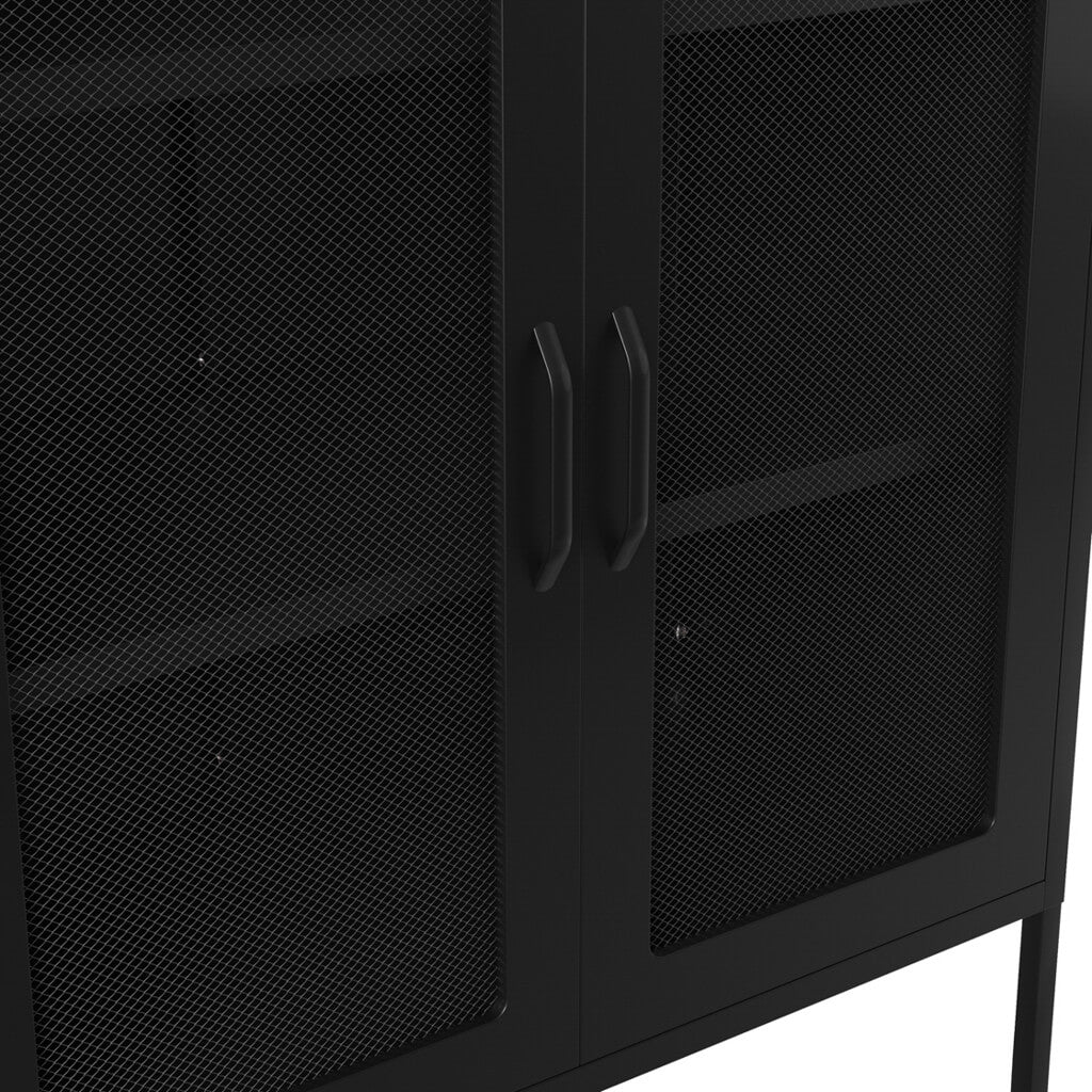 LPD Furniture Reuben matte black steel cabinet with mesh door panels in a modern interior setting