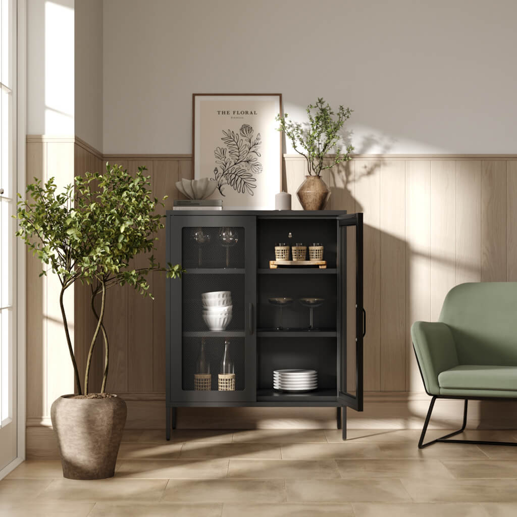 LPD Furniture Reuben matte black steel cabinet with mesh door panels in a modern interior setting