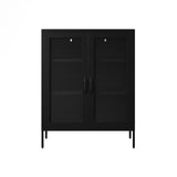 LPD Furniture Reuben matte black steel cabinet with mesh door panels in a modern interior setting