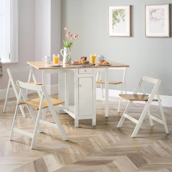 Savoy white and natural dining set with integrated storage and 4 folding chairs in a modern kitchen setting