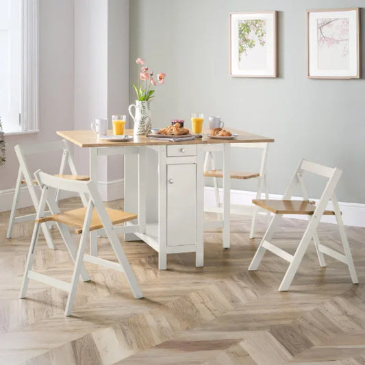 Savoy white and natural dining set with integrated storage and 4 folding chairs in a modern kitchen setting