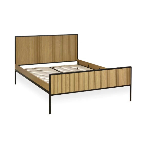 Sia grey upholstered bed frame with textured fabric finish in a modern bedroom setting