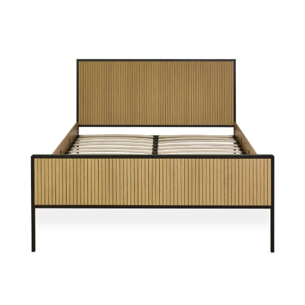 Sia grey upholstered bed frame with textured fabric finish in a modern bedroom setting