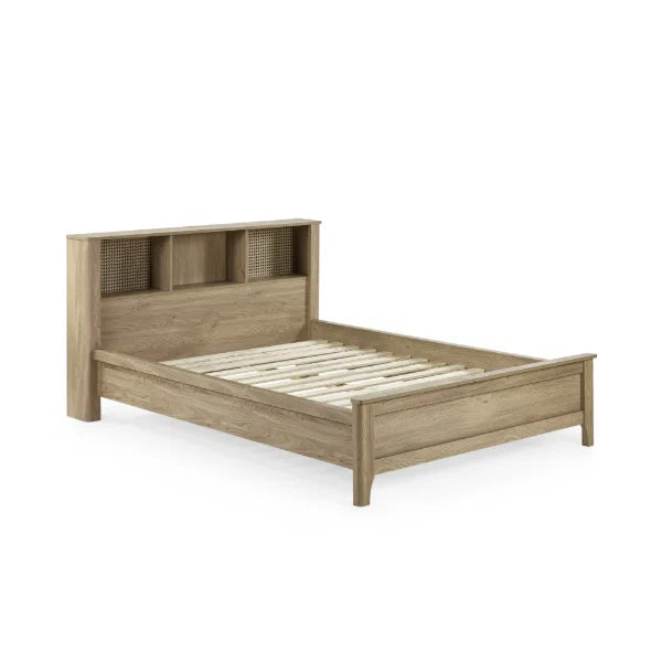 	Sydney rattan effect double bed with integrated shelving headboard in a modern bedroom setting