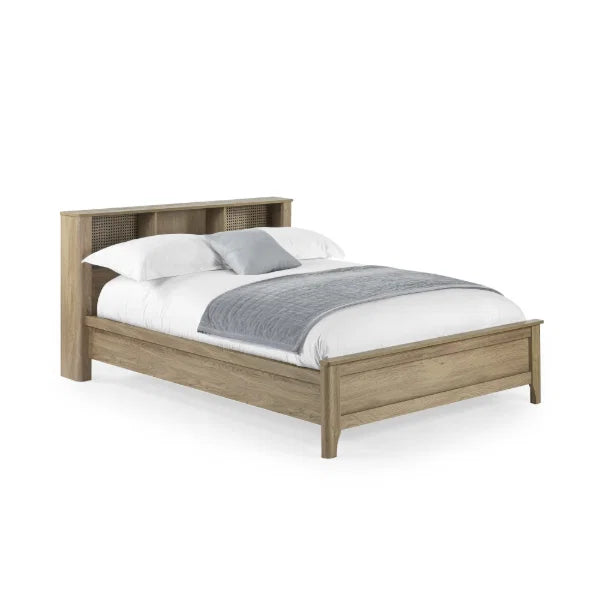 	Sydney rattan effect double bed with integrated shelving headboard in a modern bedroom setting