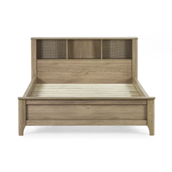 	Sydney rattan effect double bed with integrated shelving headboard in a modern bedroom setting
