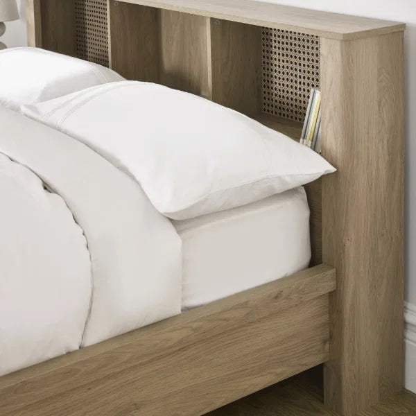 	Sydney rattan effect double bed with integrated shelving headboard in a modern bedroom setting