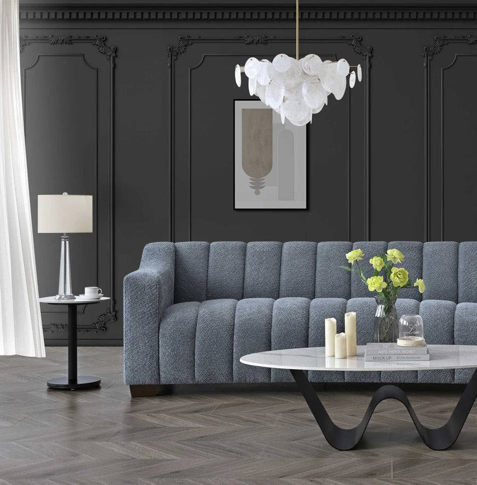 Furnish365 Astoria iron bouclé 3 seater sofa with deep channel stitching in a modern living room setting