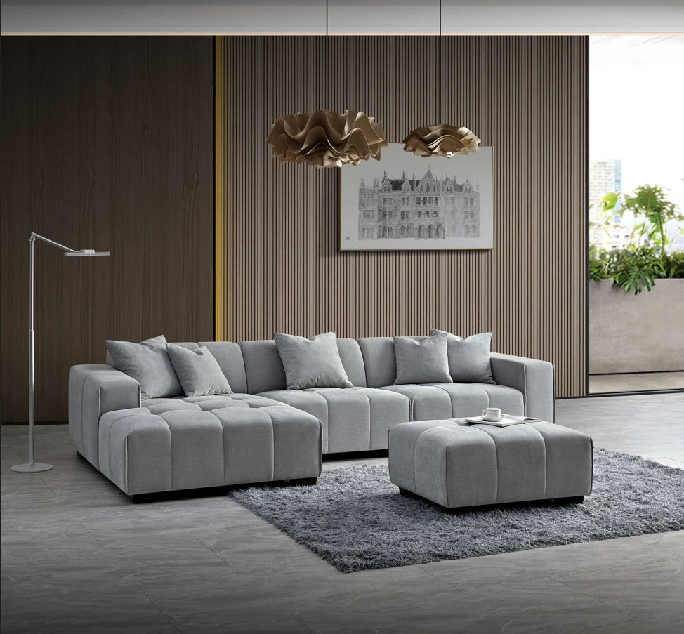 Furnish365 Leonard bouclé corner sofa with scatter cushions in a modern living room setting