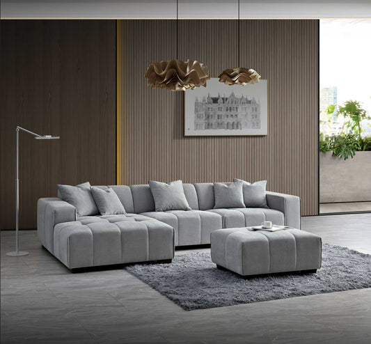 Furnish365 Leonard bouclé corner sofa with scatter cushions in a modern living room setting