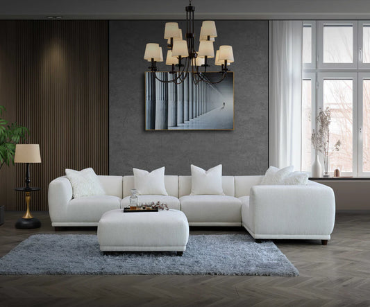 	Furnish365 Lottie modular bouclé corner sofa with scatter cushions in a modern living room setting