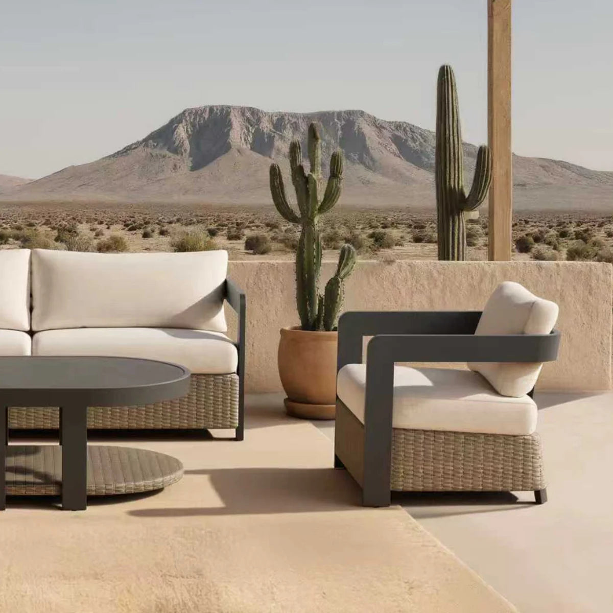 	Furnish365 Selene 5 seater outdoor lounge set with sintered stone table and polyrattan base in a modern garden setting