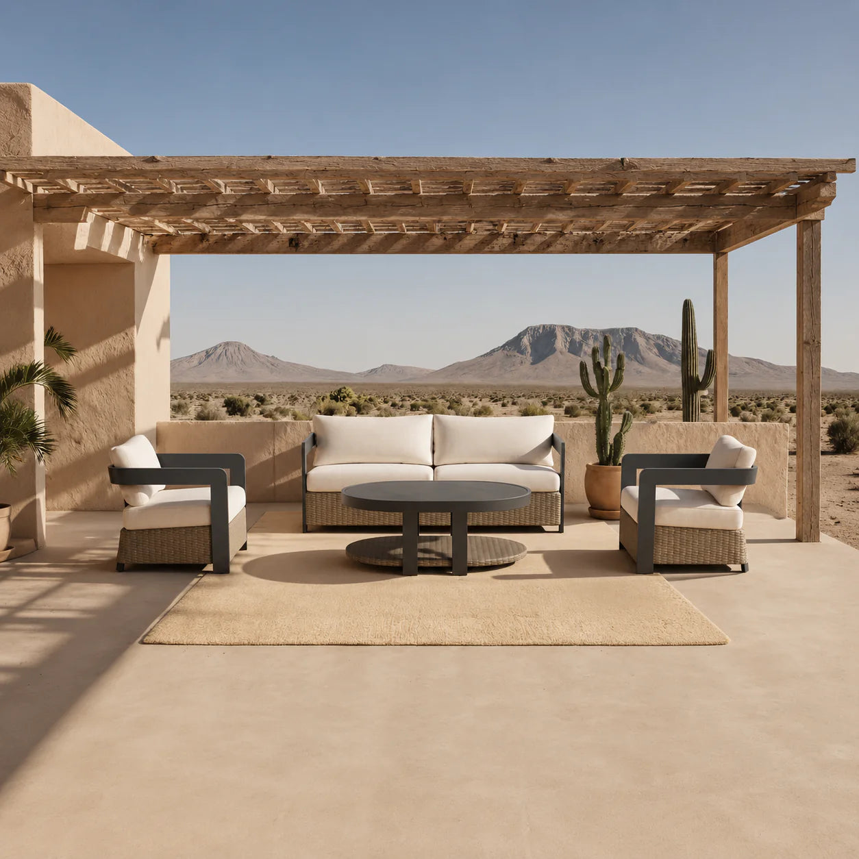 	Furnish365 Selene 5 seater outdoor lounge set with sintered stone table and polyrattan base in a modern garden setting