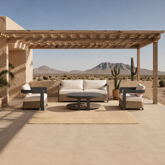 	Furnish365 Selene 5 seater outdoor lounge set with sintered stone table and polyrattan base in a modern garden setting
