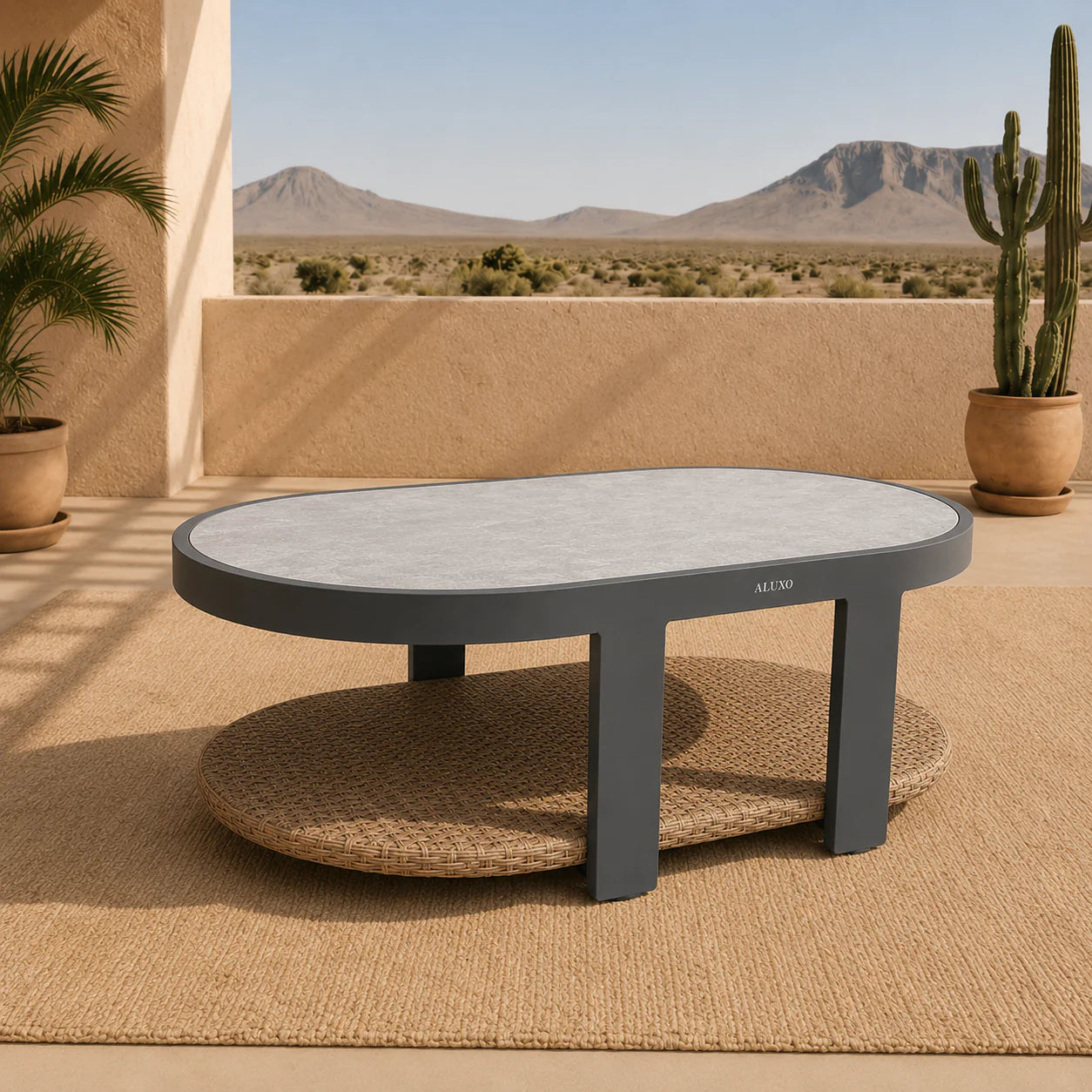	Furnish365 Selene 5 seater outdoor lounge set with sintered stone table and polyrattan base in a modern garden setting