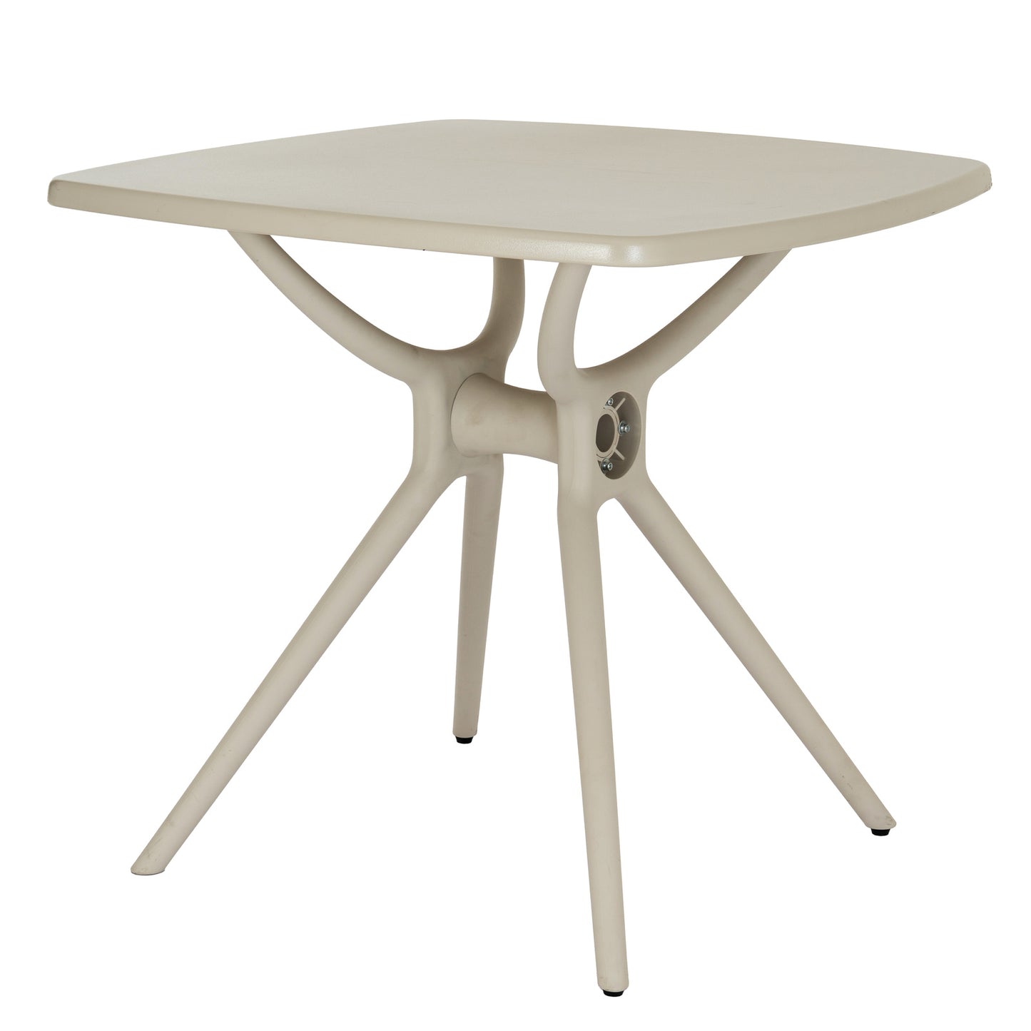 Side view of Hill Interiors Alto putty grey dining table showing the sleek design and plastic finish