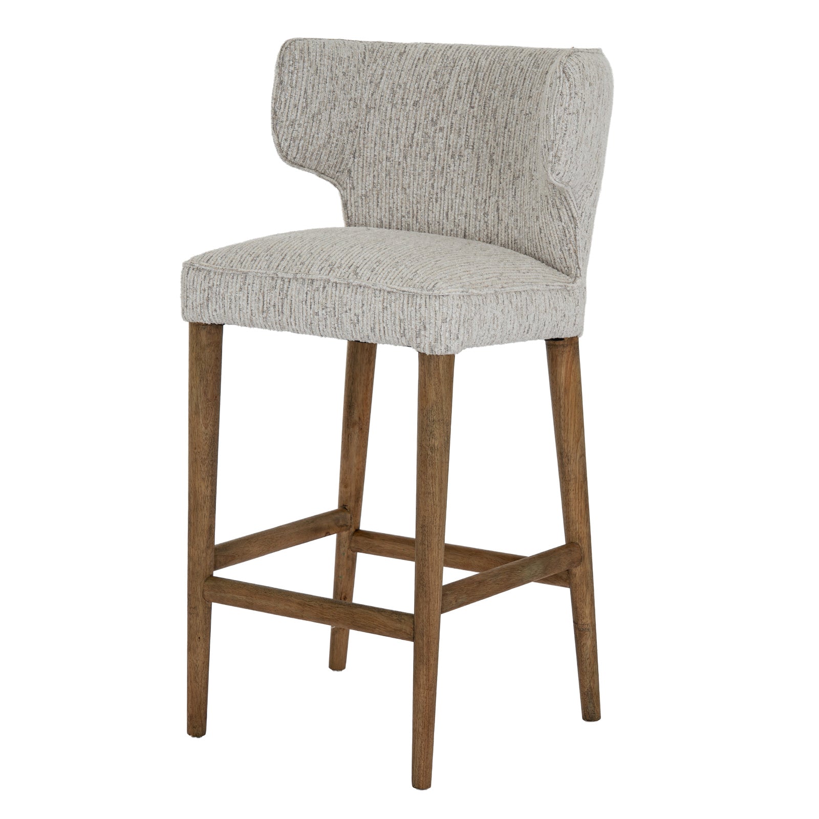 	Side view of Hill Interiors Avia mist grey barstool showing the fabric upholstery and wooden frame