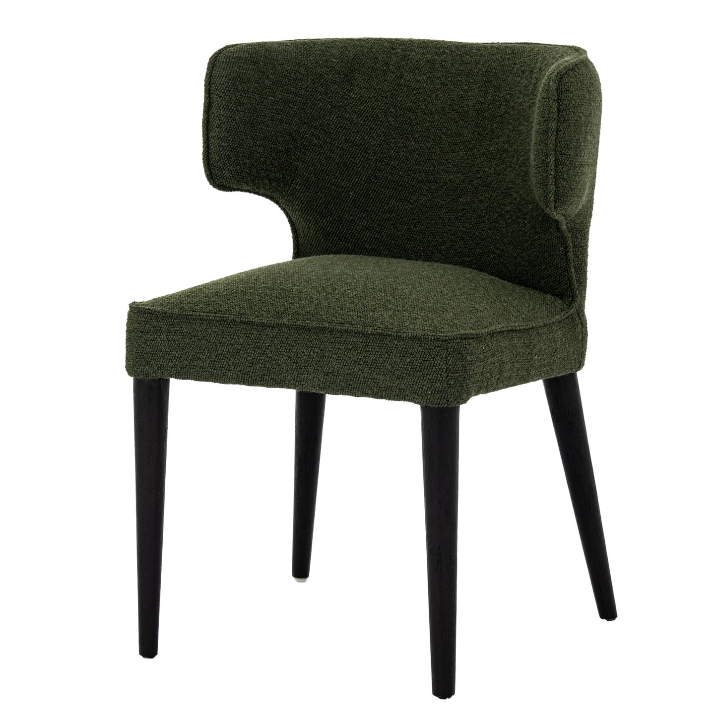 	Side view of Hill Interiors Avia moss green dining chair showing the fabric upholstery and wooden frame