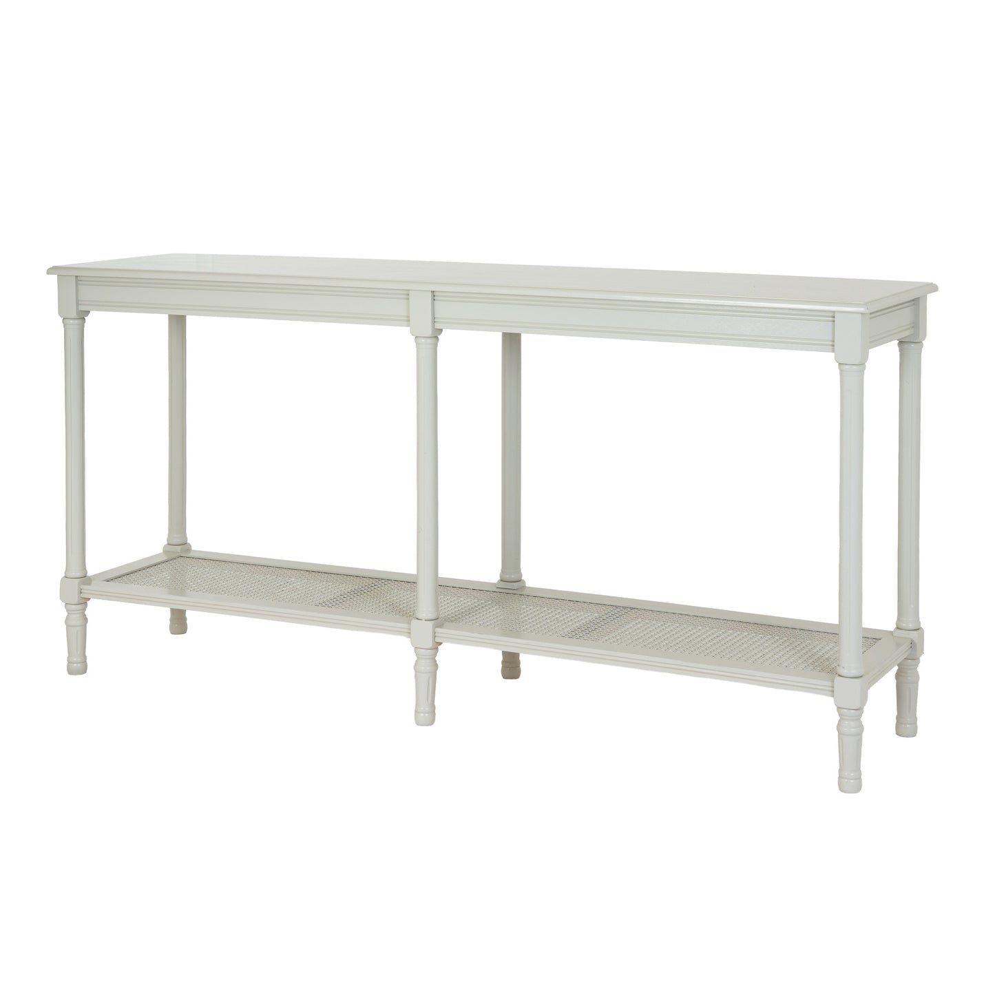 Side view of Hill Interiors Belmont Rattan Collection large white wooden console table