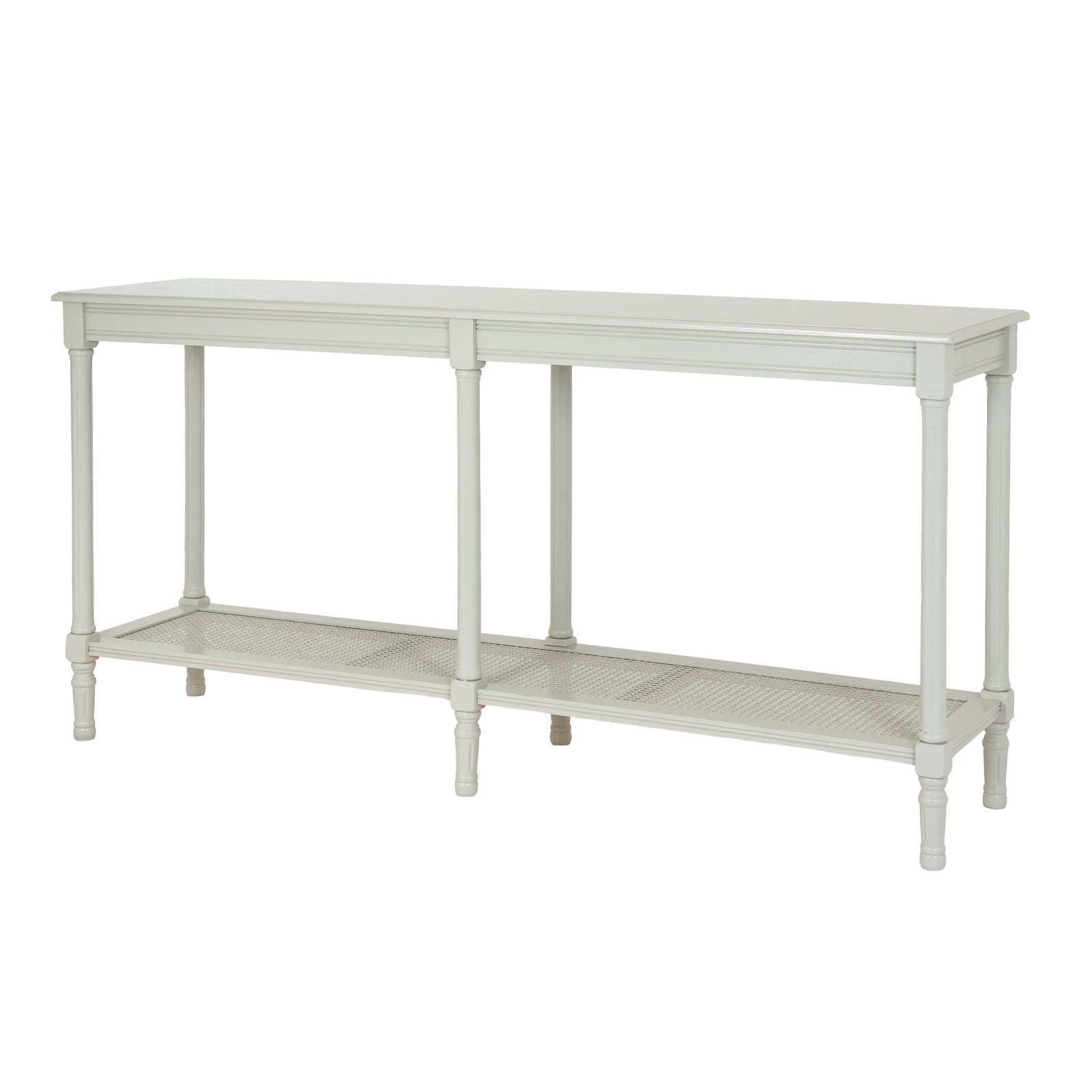 Side view of Hill Interiors Belmont Rattan Collection large white wooden console table
