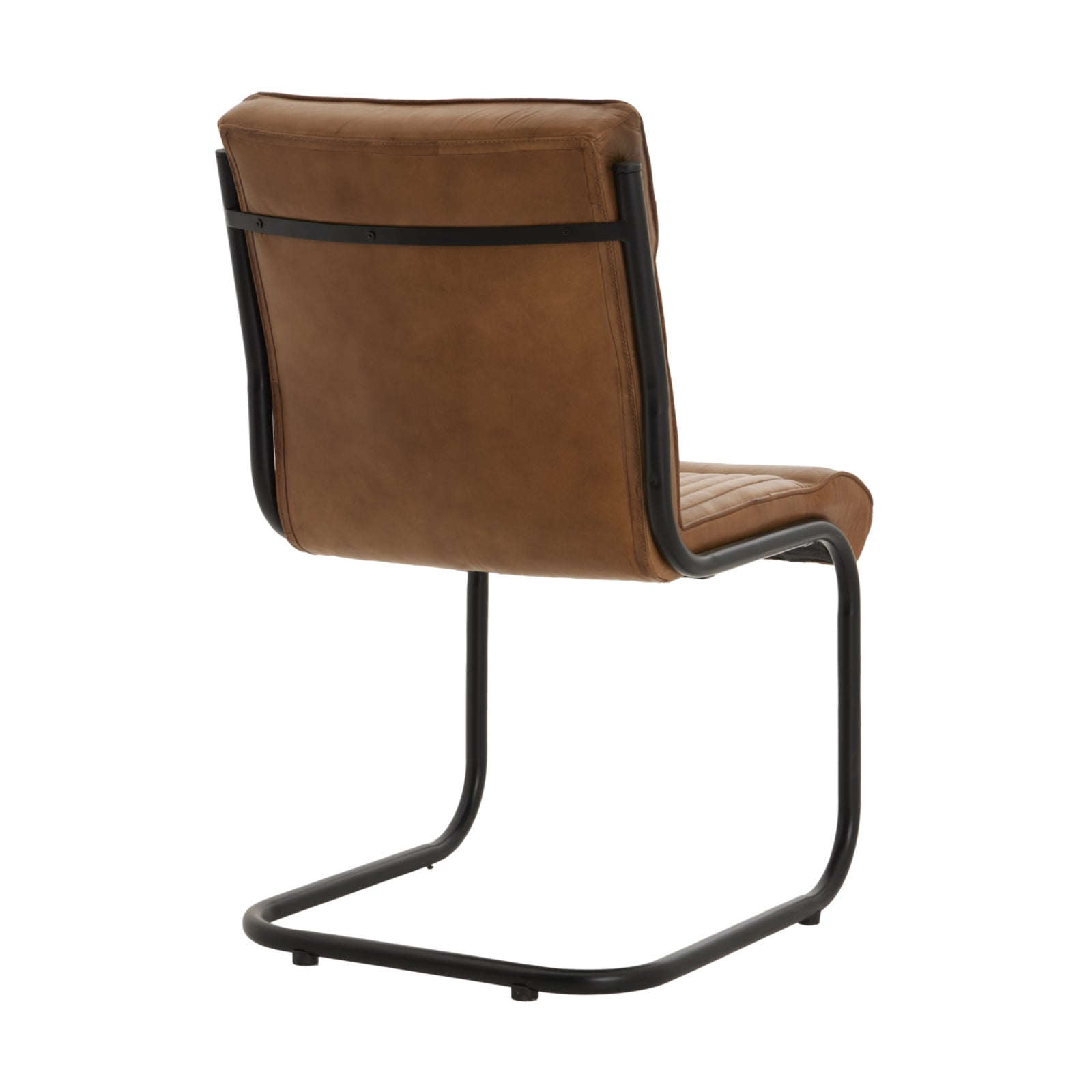 Side view of Hill Interiors Billy leather dining chair showing the sleek black metal frame and caramel upholstery