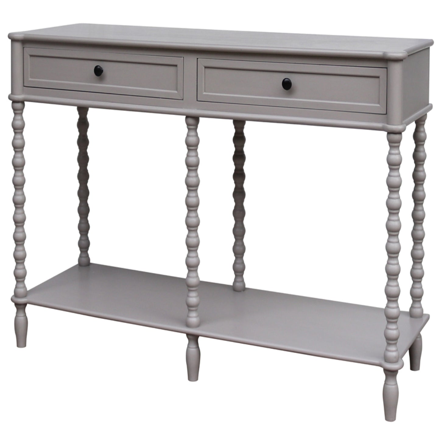 Side view of Hill Interiors Camden Collection grey wooden console table with two drawers