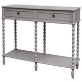 Side view of Hill Interiors Camden Collection grey wooden console table with two drawers
