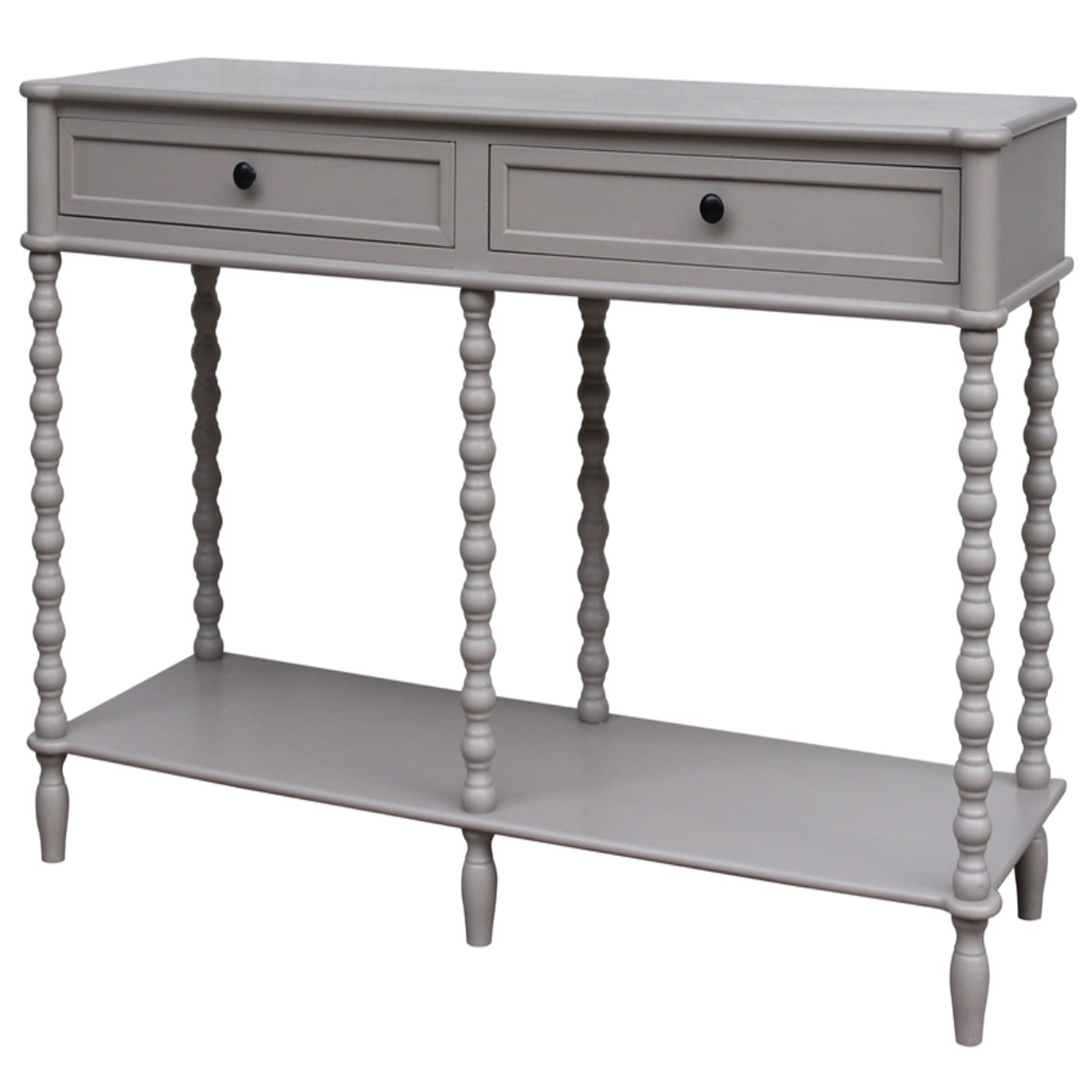 Side view of Hill Interiors Camden Collection grey wooden console table with two drawers