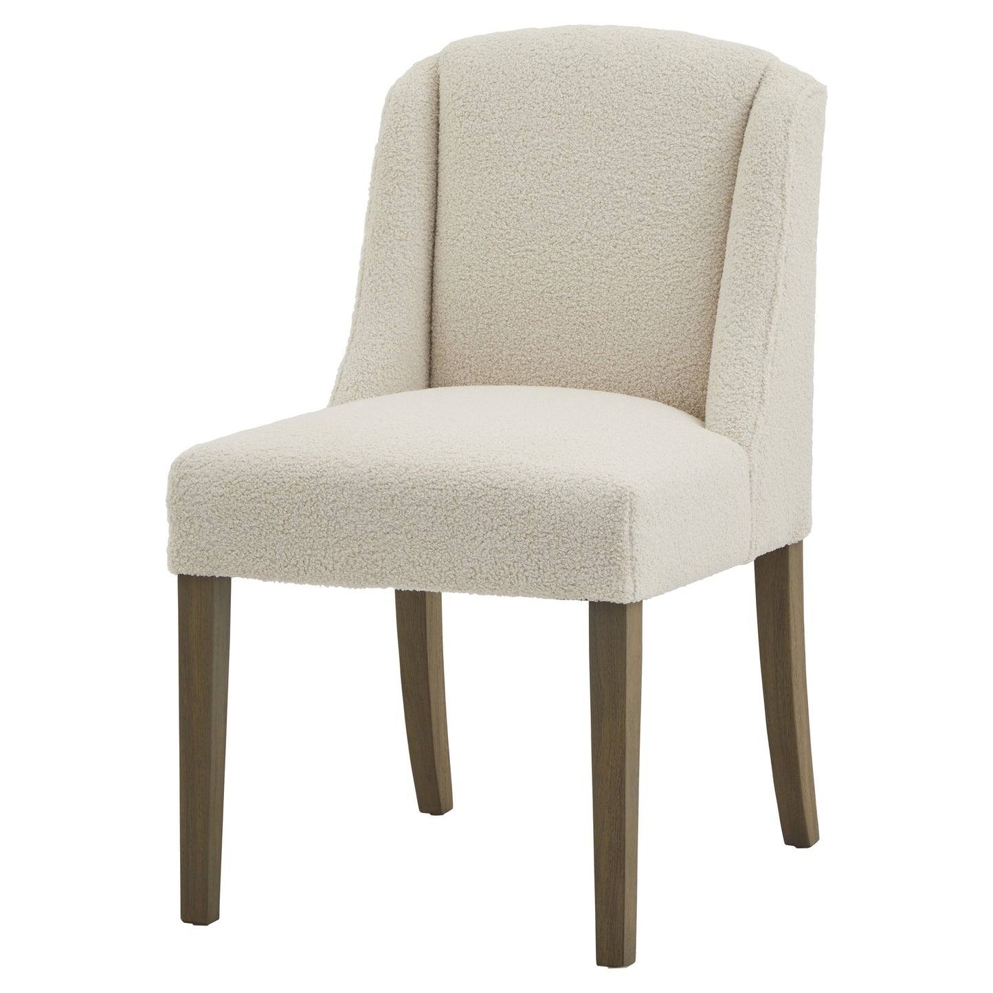 Side view of Hill Interiors Compton boucle dining chair showing the textured looped upholstery and elegant shape