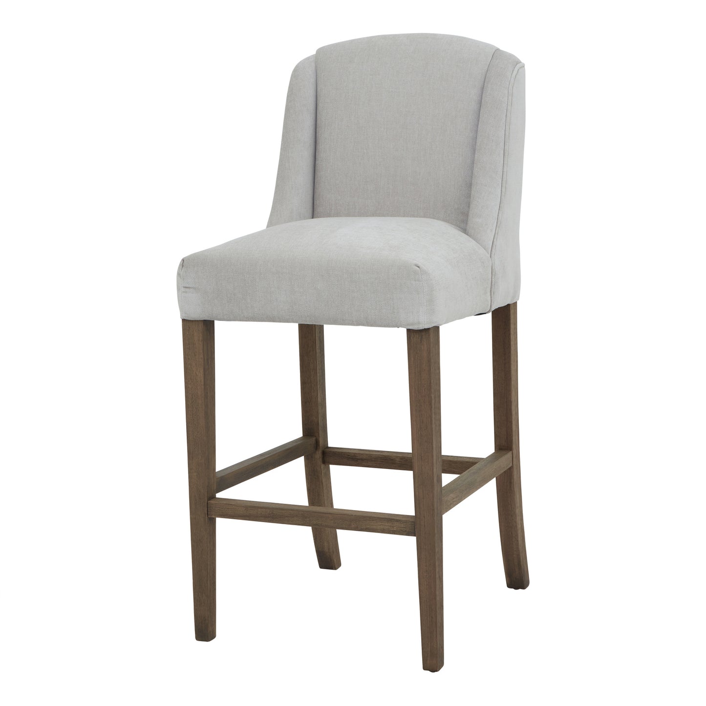 Side view of Hill Interiors Compton grey barstool showing the fabric upholstery and wooden frame