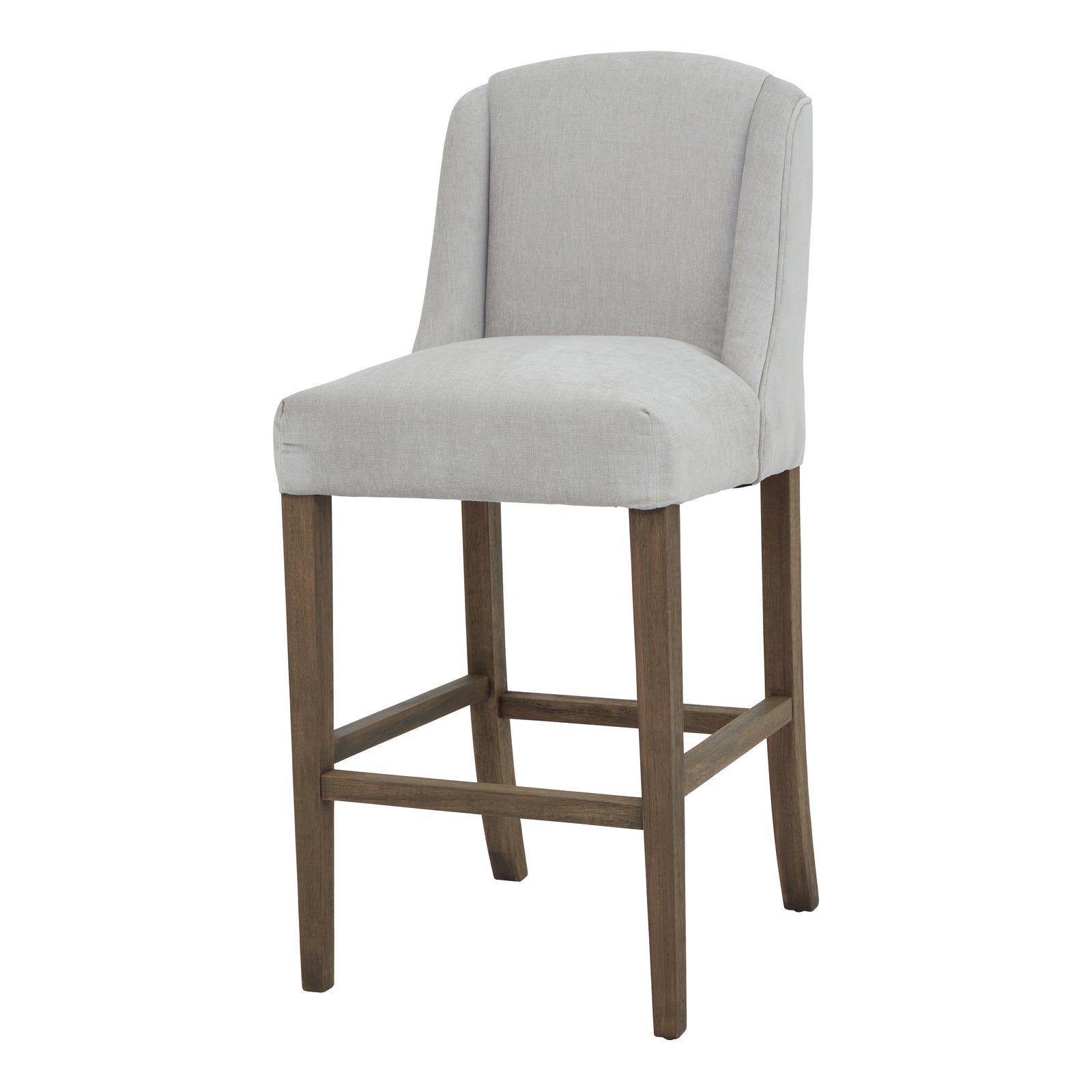 Side view of Hill Interiors Compton grey barstool showing the fabric upholstery and wooden frame