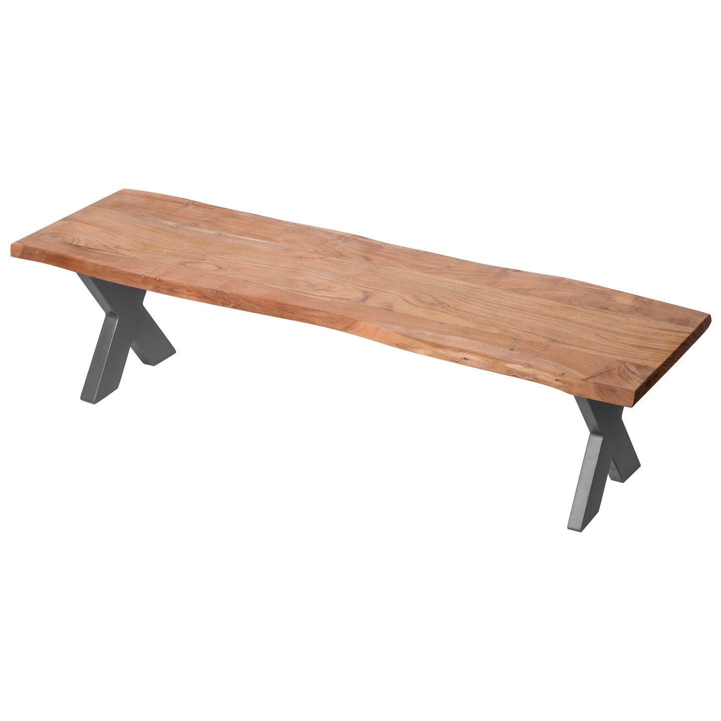	Side view of Hill Interiors Live Edge Collection bench showing the acacia wood grain and metal frame