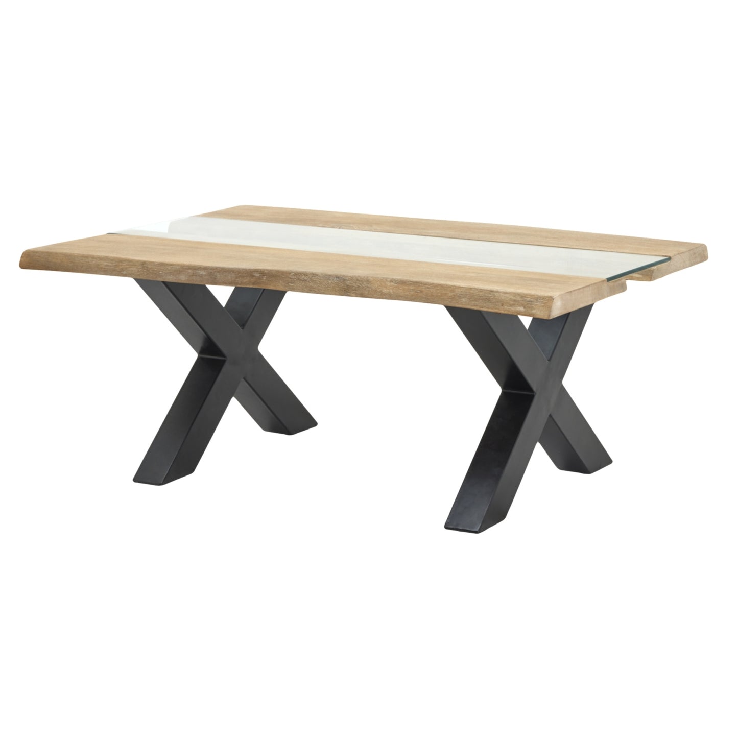 Side view of Hill Interiors Live Edge river coffee table showing the natural live edge and metal frame