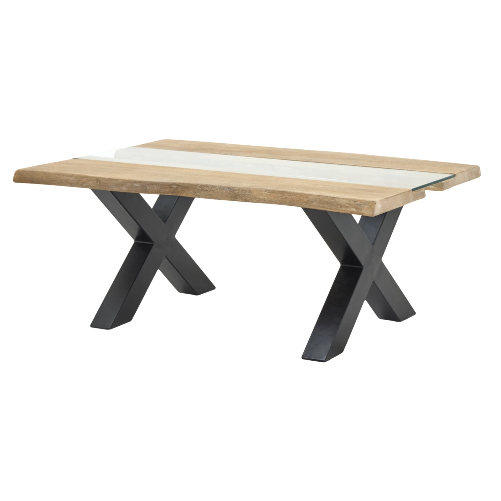 Side view of Hill Interiors Live Edge river coffee table showing the natural live edge and metal frame