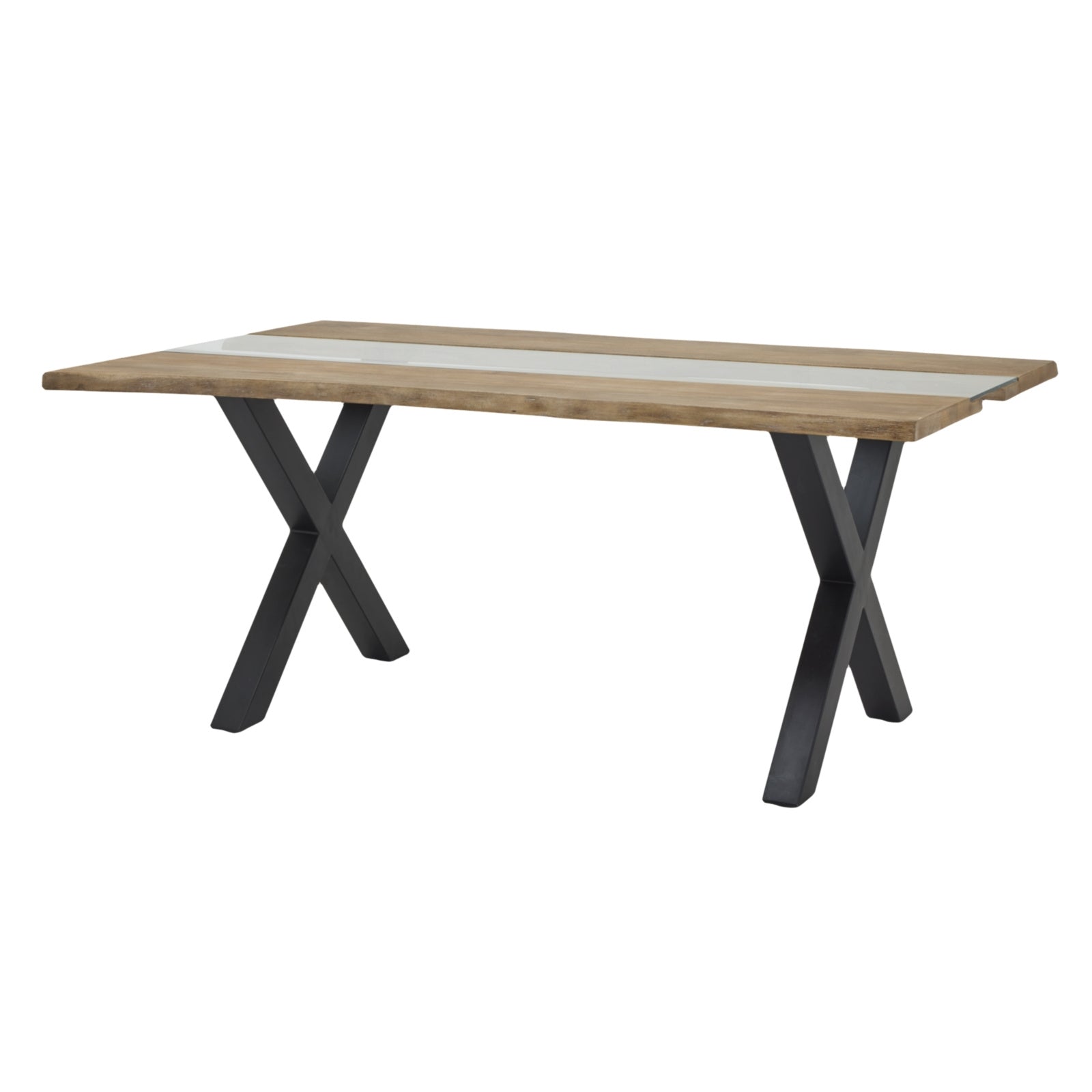 Side view of Hill Interiors Live Edge river dining table showing the natural live edge and resin inlay