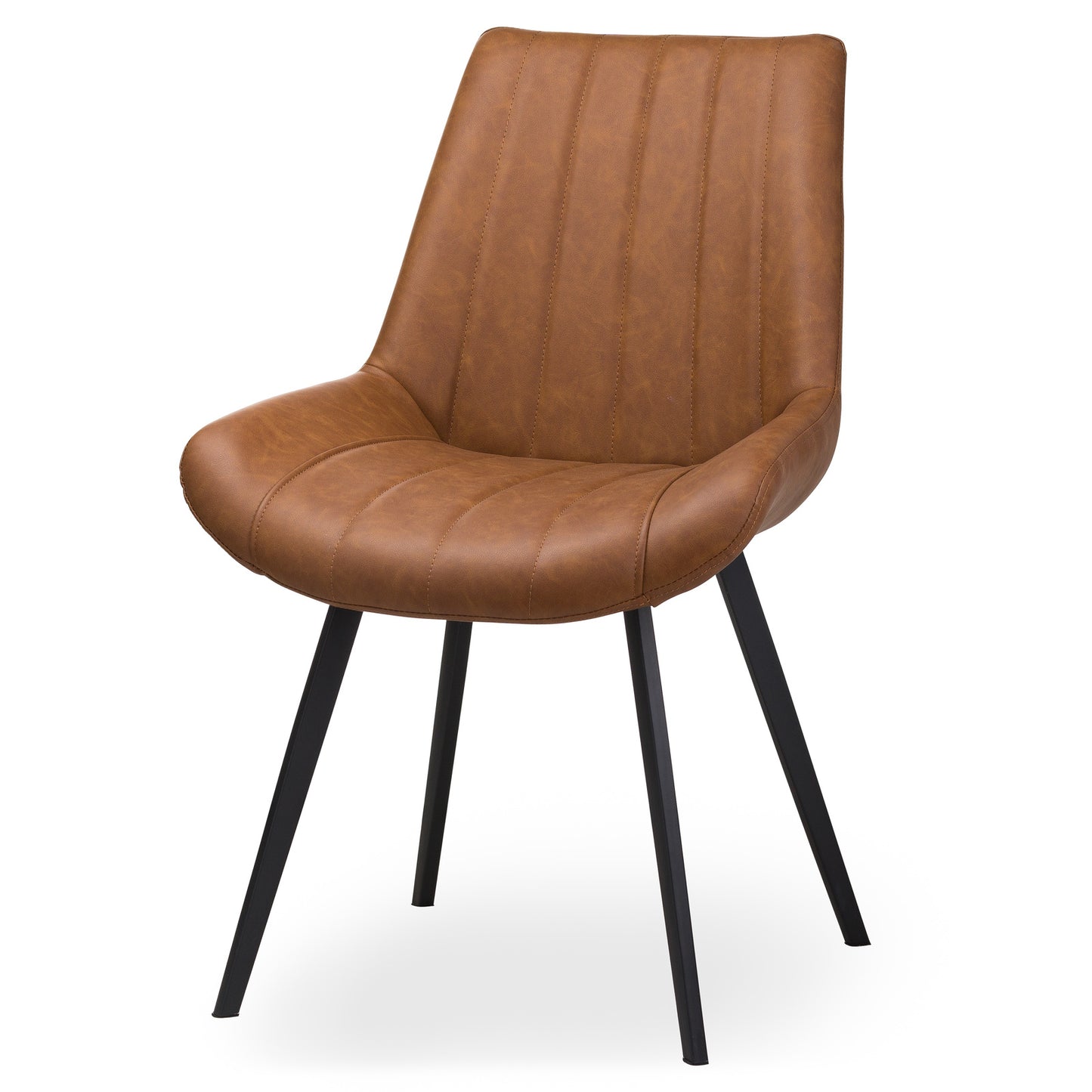 Side view of Hill Interiors Malmo tan dining chair showing channel-stitched backrest detail and black metal legs