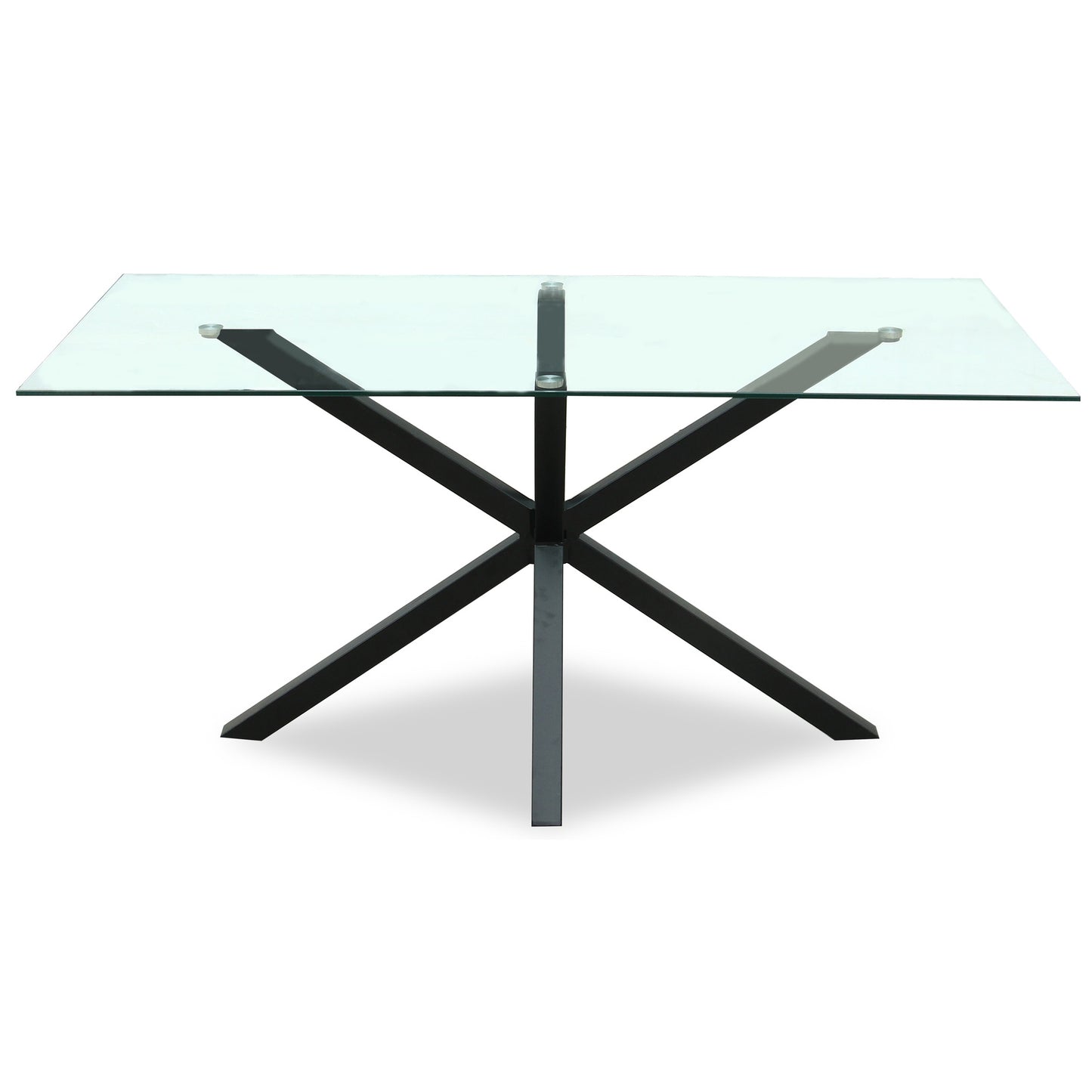 Side view of Hill Interiors Monza rectangular glass dining table showing the chrome base and glass top