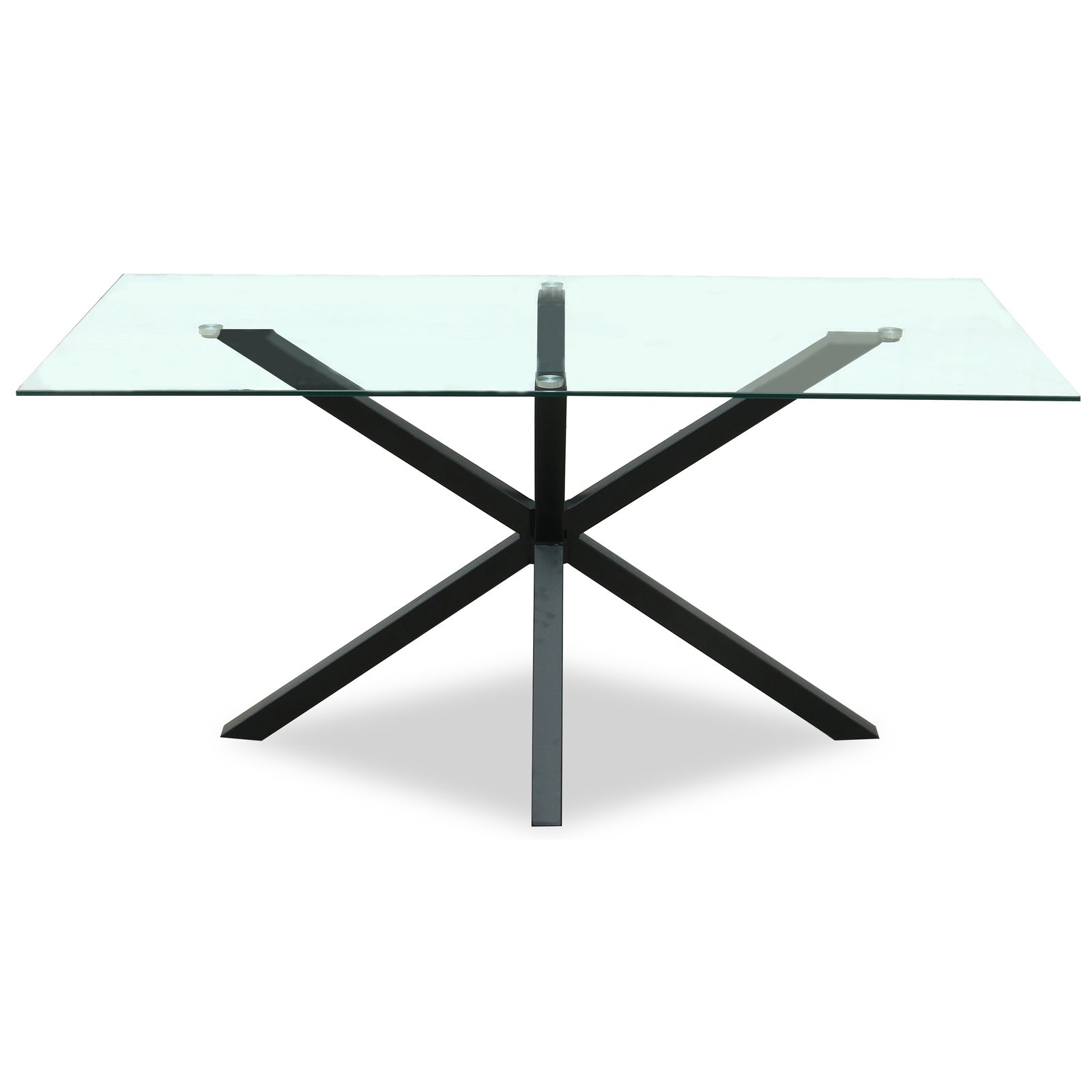 Side view of Hill Interiors Monza rectangular glass dining table showing the chrome base and glass top