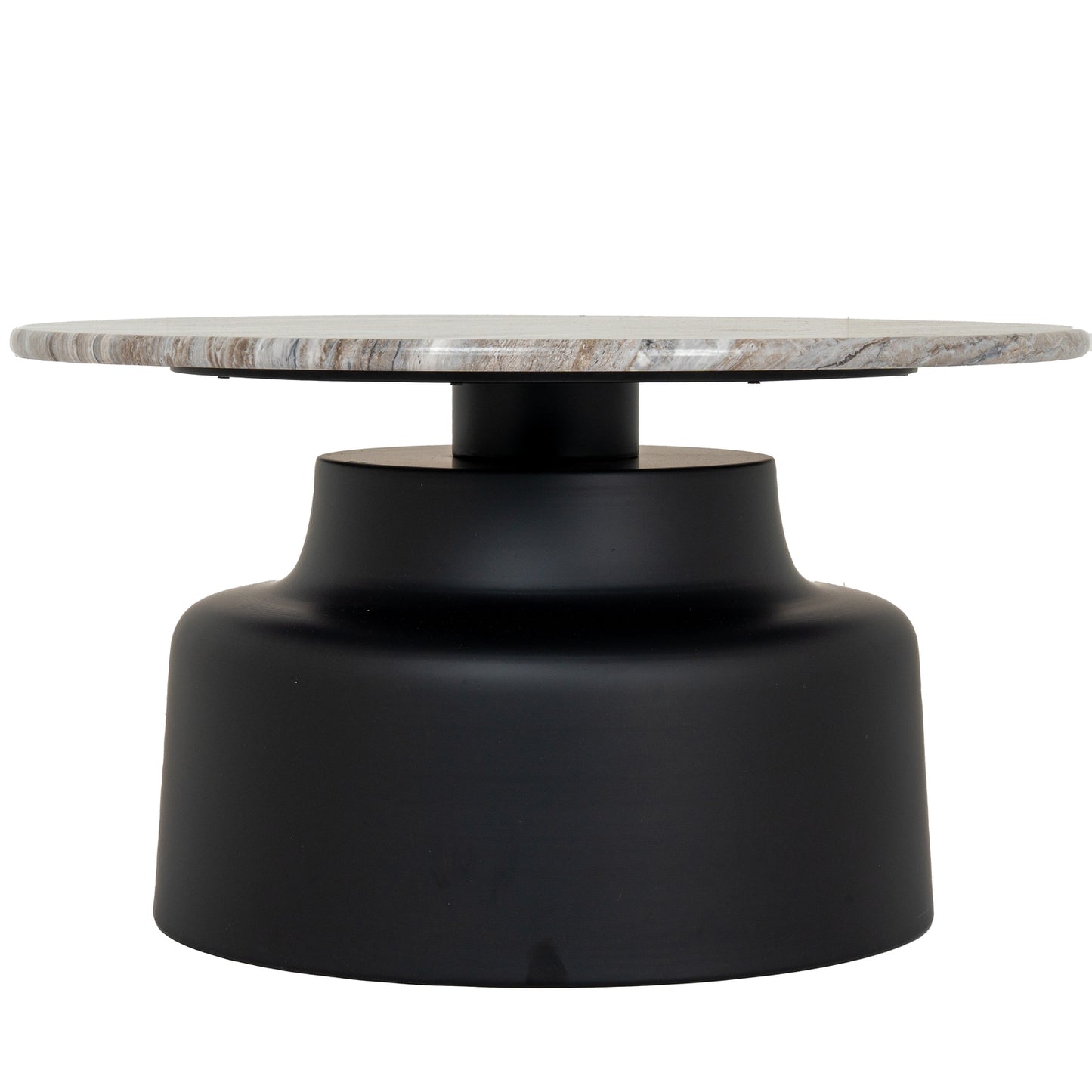 	Side view of Hill Interiors Oura round coffee table showing the metal frame and wooden top