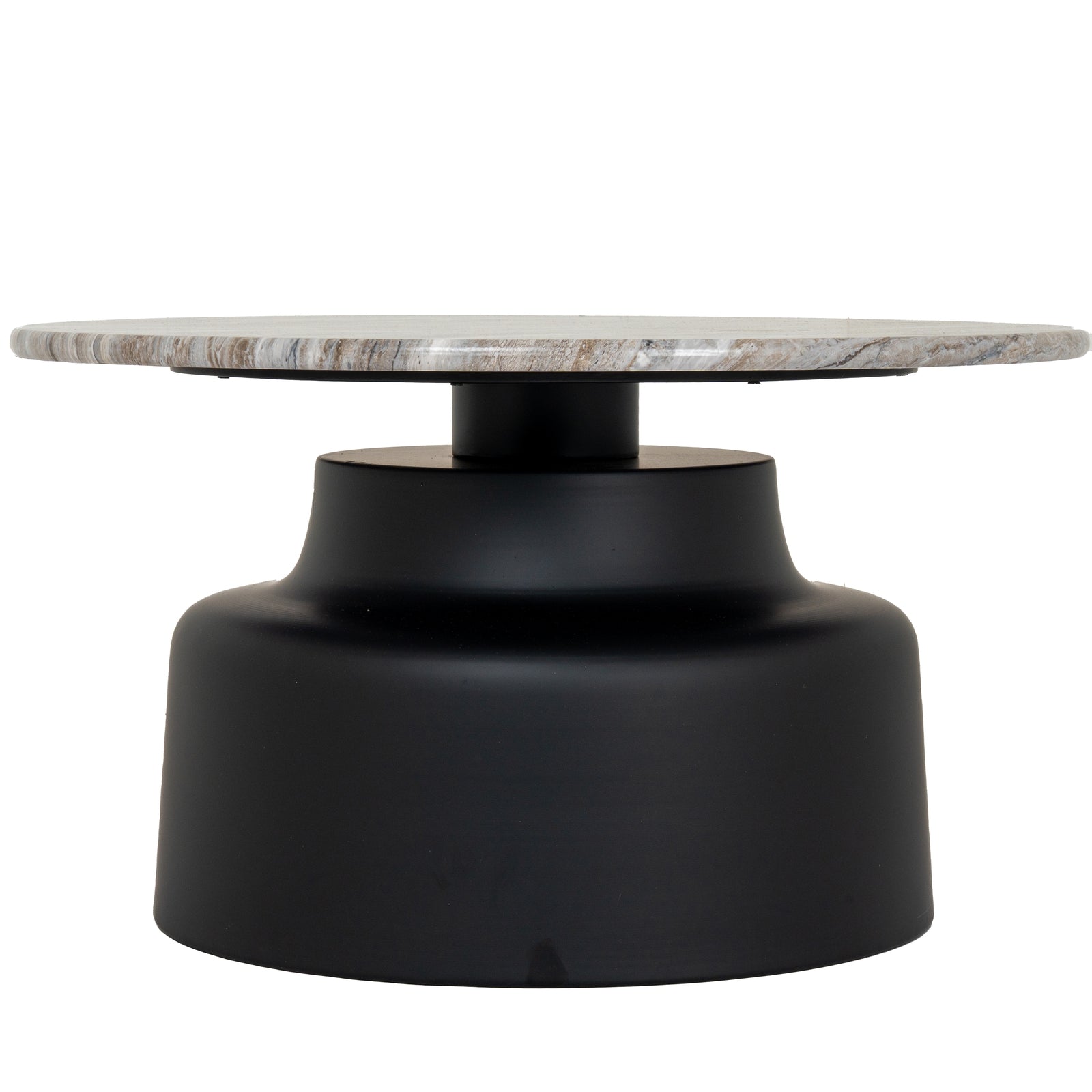 	Side view of Hill Interiors Oura round coffee table showing the metal frame and wooden top