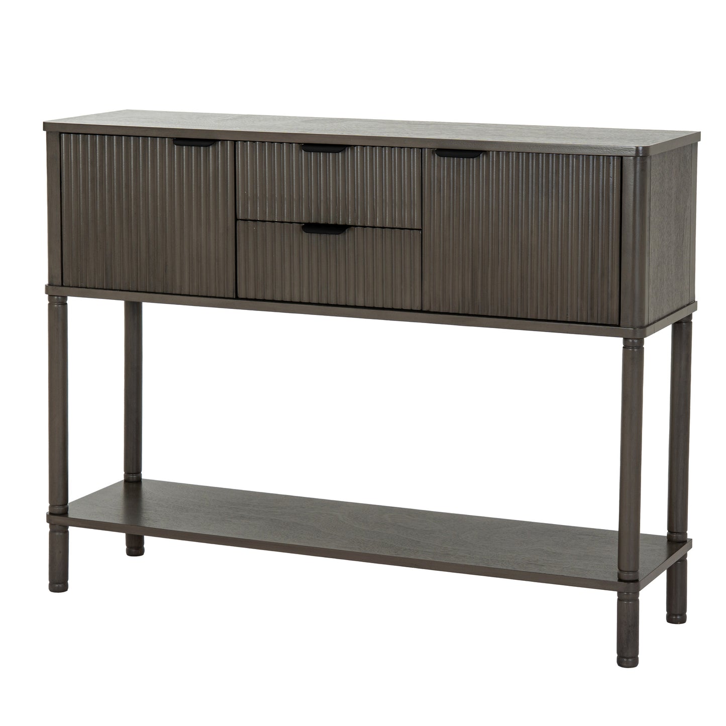 Side view of Hill Interiors Reed Collection brown wooden console with 2 drawers and 2 doors