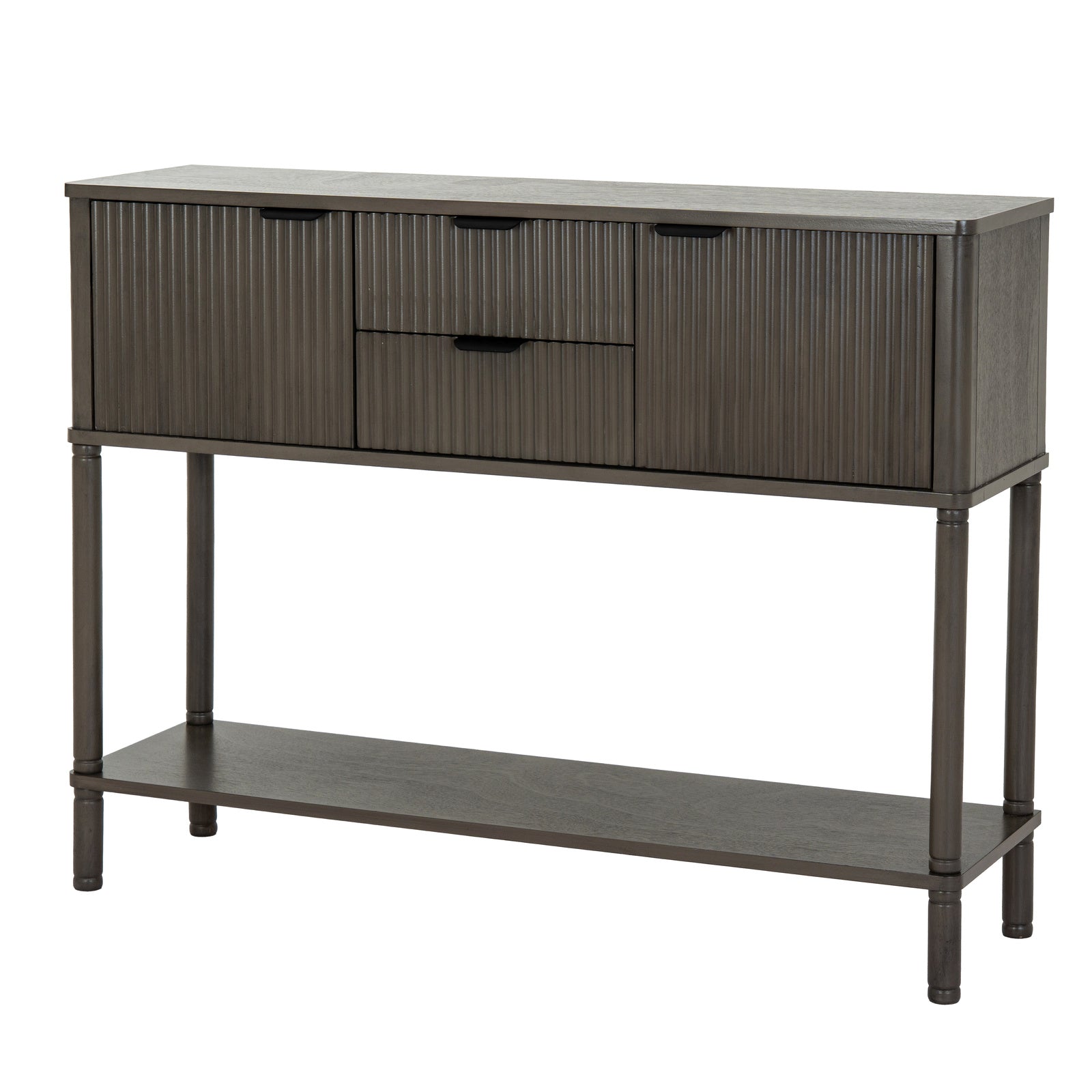 Side view of Hill Interiors Reed Collection brown wooden console with 2 drawers and 2 doors