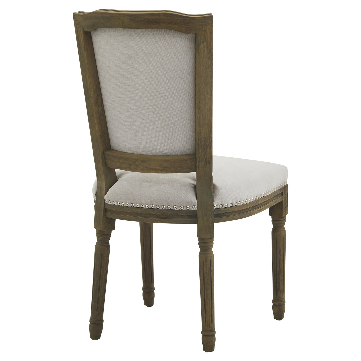 Side view of Hill Interiors Ripley grey dining chair showing the carved wood details and elegant silhouette