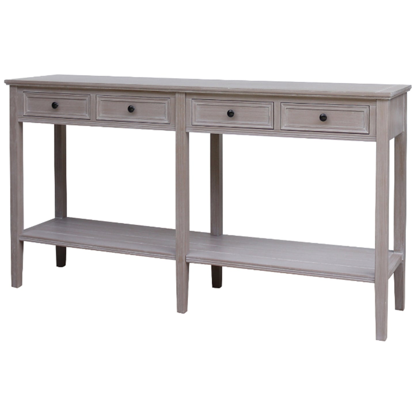 Side view of Hill Interiors Serene Collection grey wooden console table with four drawers