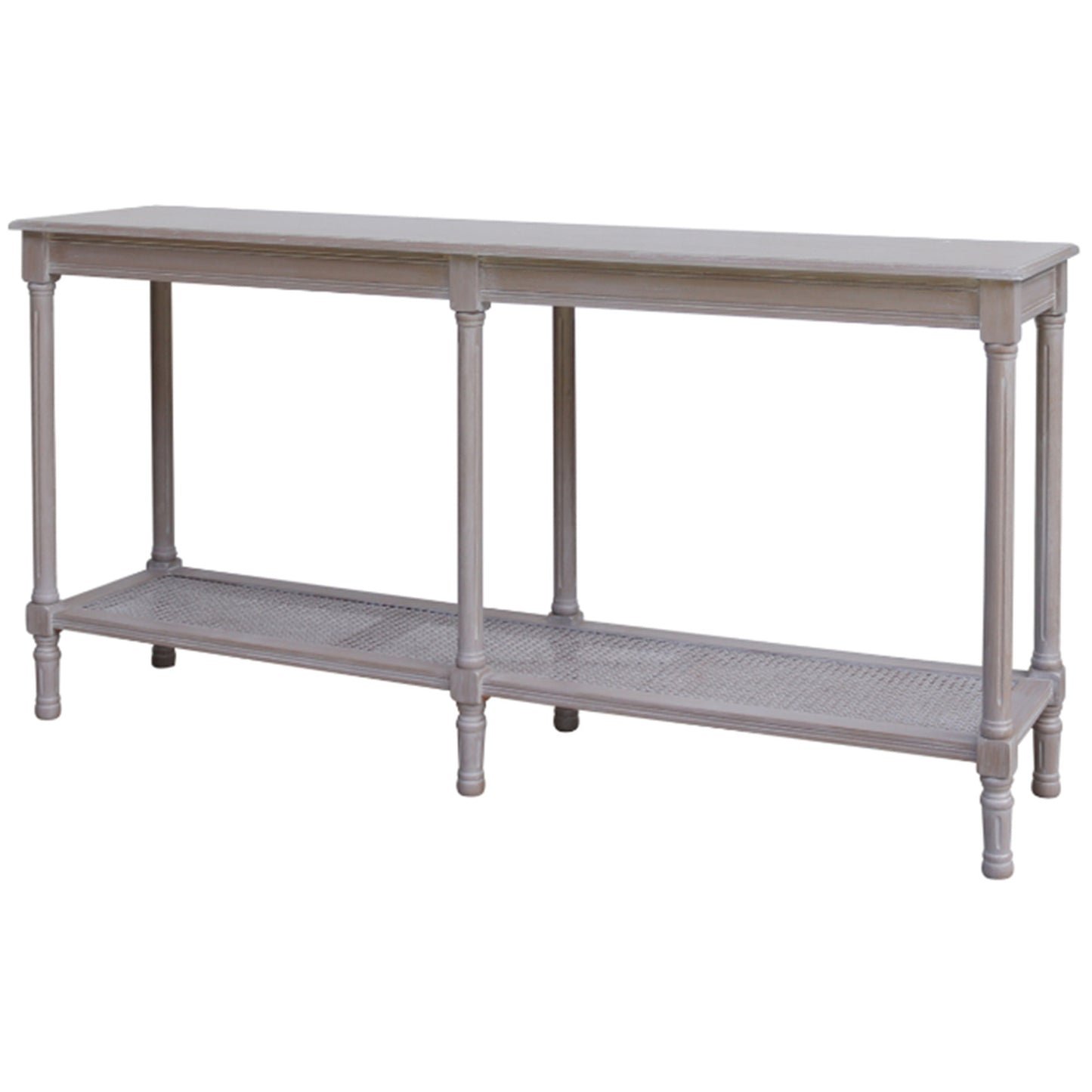 Side view of Hill Interiors Serene Rattan Collection large console table showing the rattan detailing