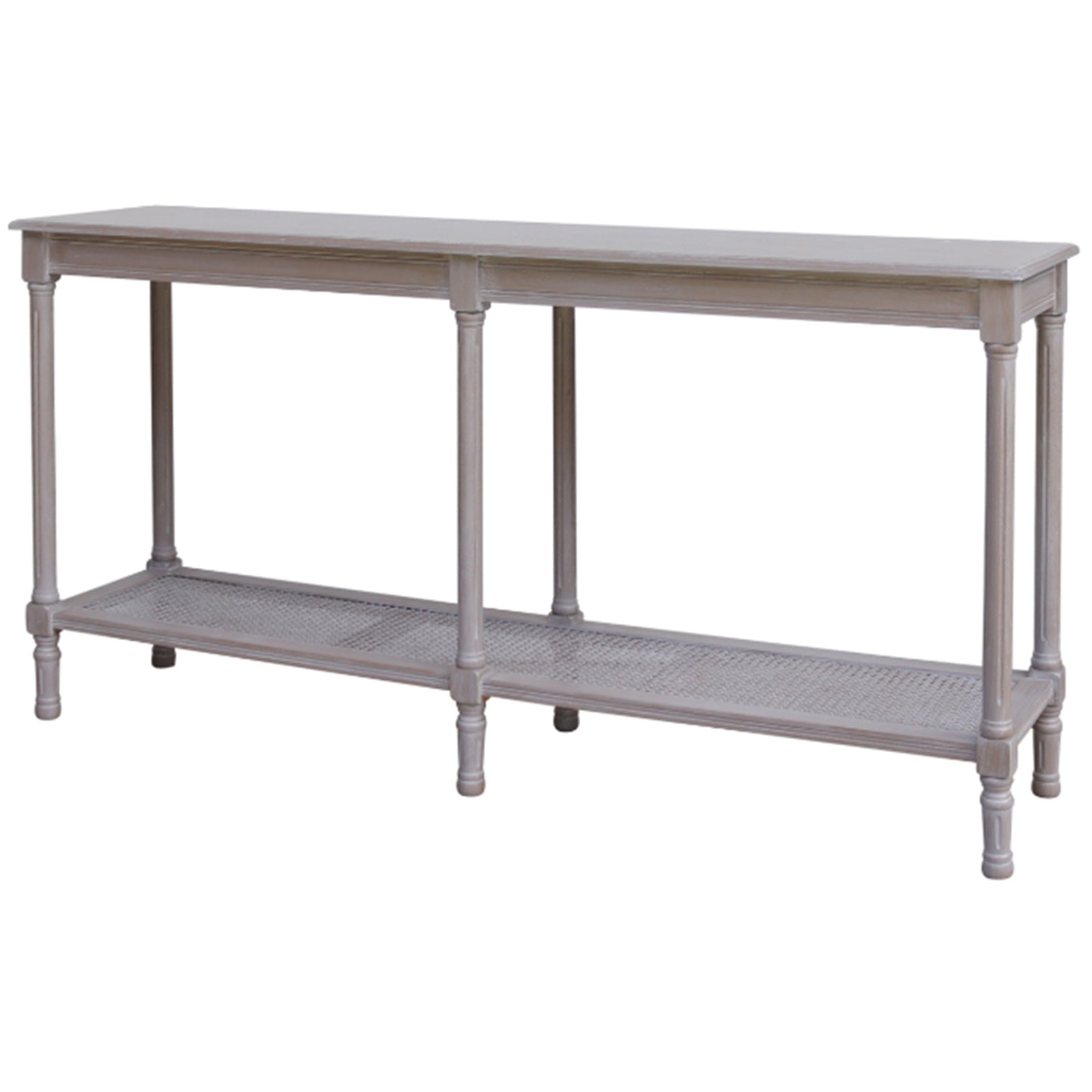 Side view of Hill Interiors Serene Rattan Collection large console table showing the rattan detailing