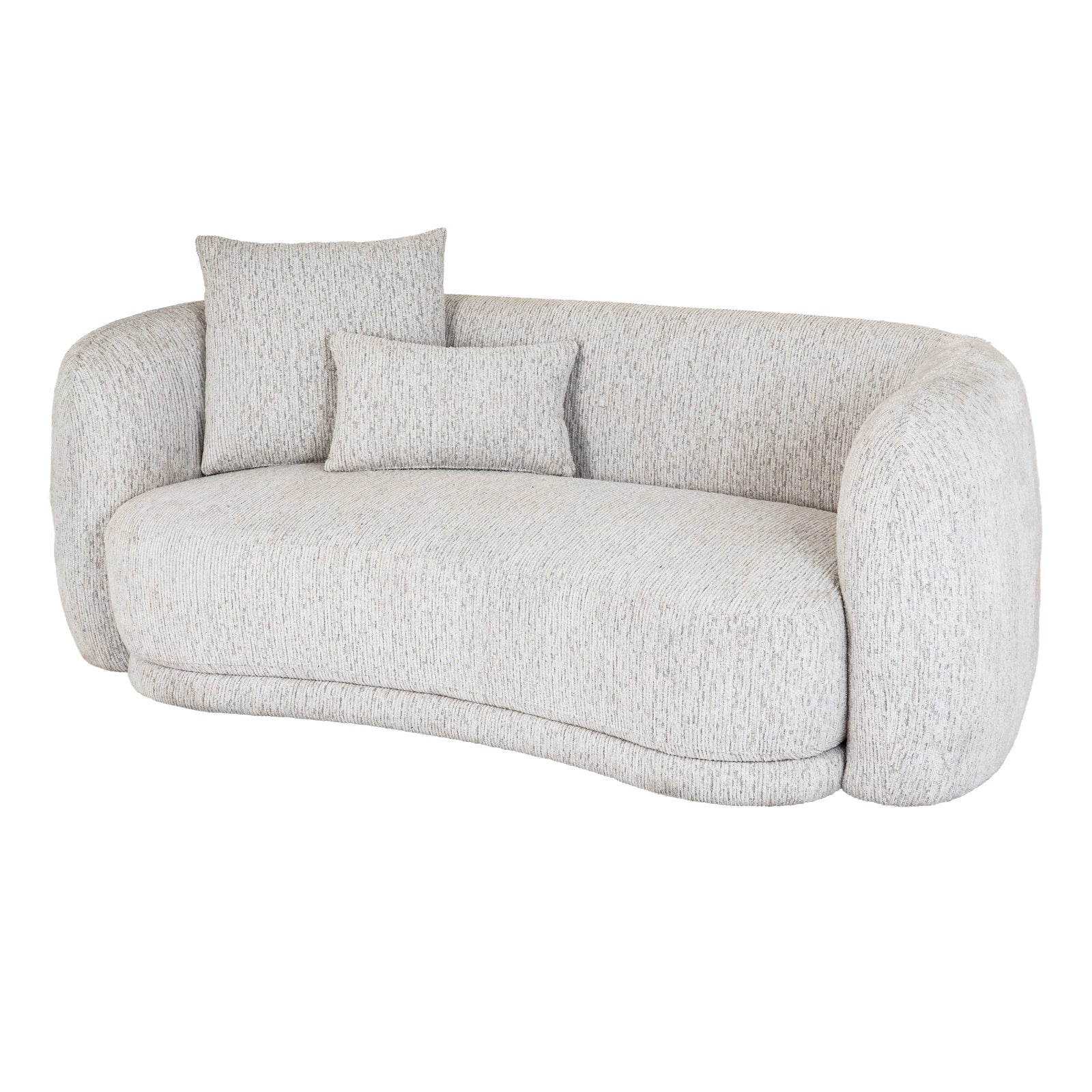 	Side view of Hill Interiors Sorelle white two seater sofa showing the elegant silhouette and fabric upholstery